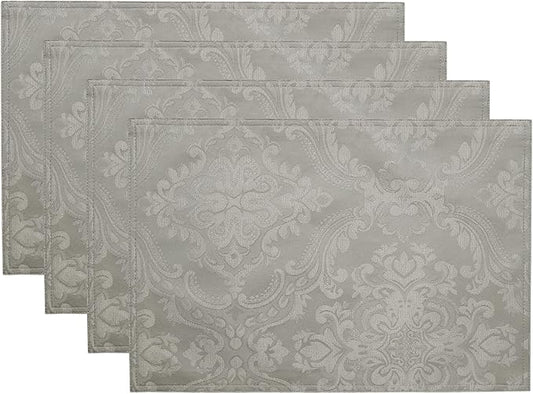 Elrene Home Fashions Caiden Elegance Damask Waterproof, Stain & Wrinkle Resistant Fabric Placemats (Set of 4), 13" x 19", Silver