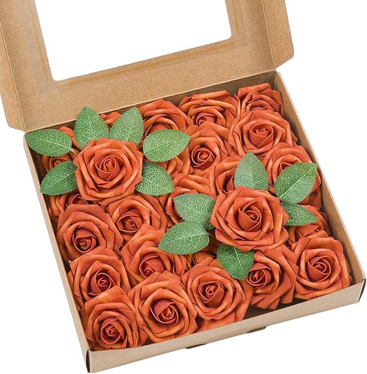 Meldel Artificial Flowers 25pcs Real Looking Burnt Orange Foam Fake Roses with Stems for DIY Wedding Bouquets Bridal Shower Centerpieces Floral Arrangements Home Decorations