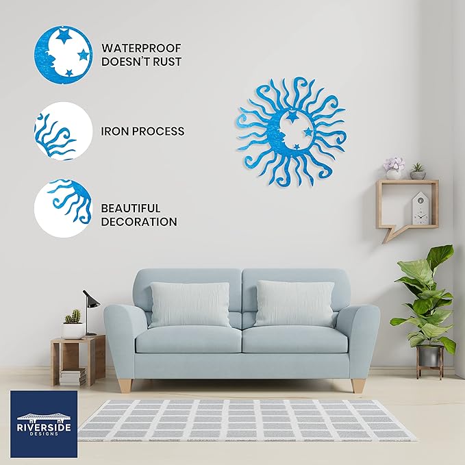 Riverside Designs Wacky Solar Moon Metal Wall Art Steel Outdoor Decor | Heavy-Duty and Waterproof | Made in USA (Teal, 30L x 30W)
