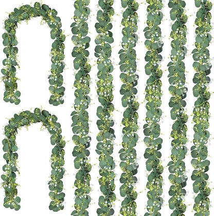 CQURE 8 Pack 5.9Ft Eucalyptus Garland,Artificial Eucalyptus Flowers Leaves Table Greenery Garland Wreath Vines for Wedding Party Table Bedroom Wall Decor