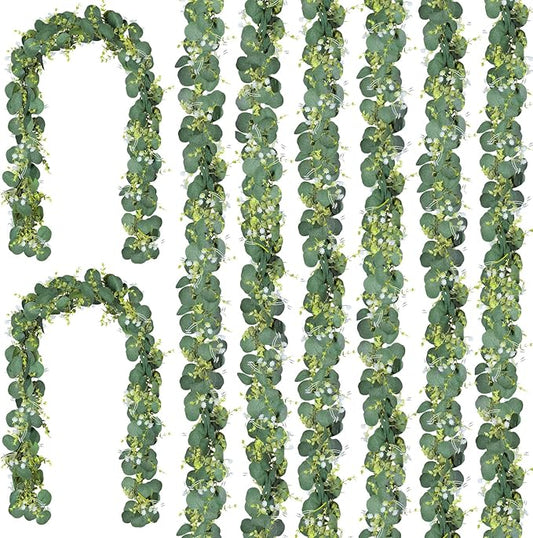 CQURE 8 Pack 5.9Ft Eucalyptus Garland,Artificial Eucalyptus Flowers Leaves Table Greenery Garland Wreath Vines for Wedding Party Table Bedroom Wall Decor
