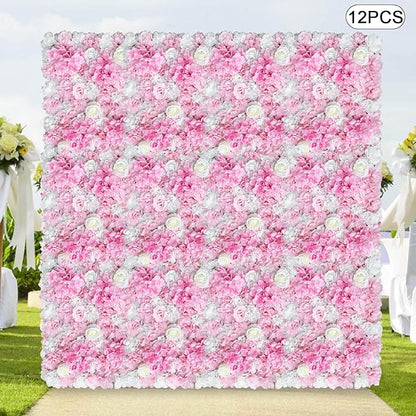 12 Pcs Artificial Flower Wall Panel 3D Silk Fabric Floral Backdrop Flower Wall Decor for Wedding Party Event Photo Stage (White Dahlia + Deep Champagne)