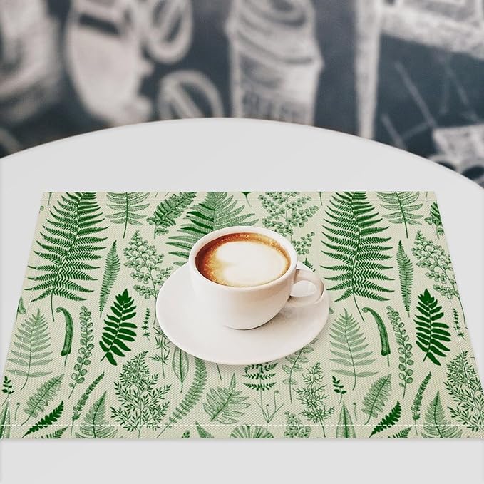 Vintage Leaves Placemats Set of 6, 17x12 Inch Green Boho Abstract Aesthetic Tropical Botanical Leaves Modern Art Printed Table Mats for Home Party Kitchen Dining Decor