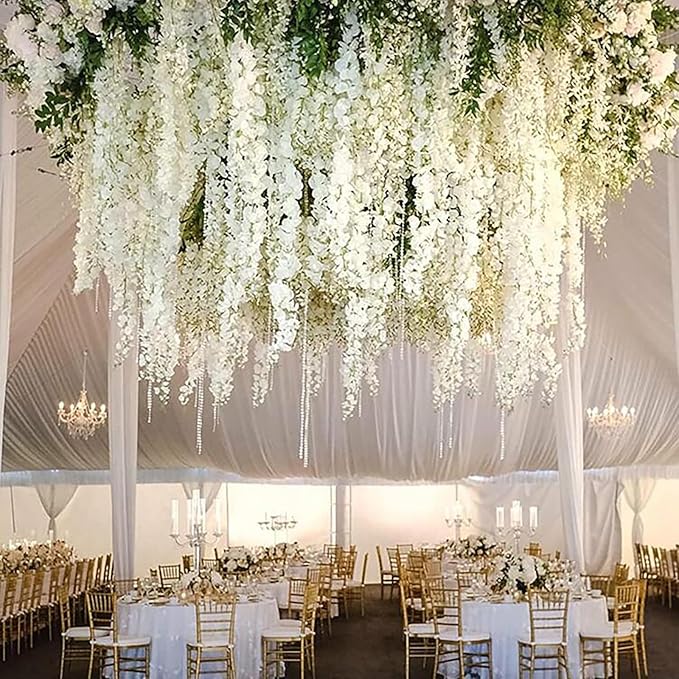 12 Pack White Wisteria Hanging Flowers Garland, 3.77 Feet Artificial Flower Vines, Fake Wisteria, Artificial Vines Hanging Garland for Backdrop Outdoor Yard Garden Decor