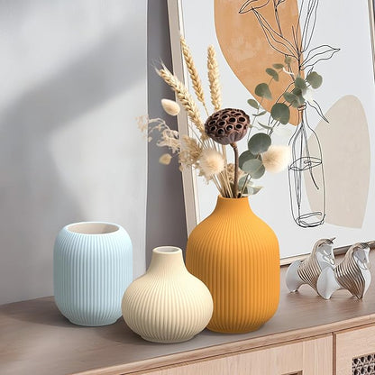 Set of 3 Vibrant Ceramic Vases in Light Blue, Mustard Yellow and Beige - Modern Minimalist Ribbed Decor for Centerpiece, Farmhouse Living Room, Kitchen Shelf, Gift Idea