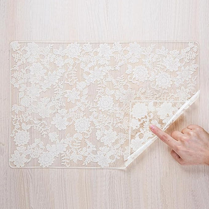 Clear Placemats Set of 6 Rectangle - PVC Place Mats with Beige Flower Carft Table Protector for Kitchen Dining Room, Wahsable Heat Resistant Non-Slip Reversible Table Mats