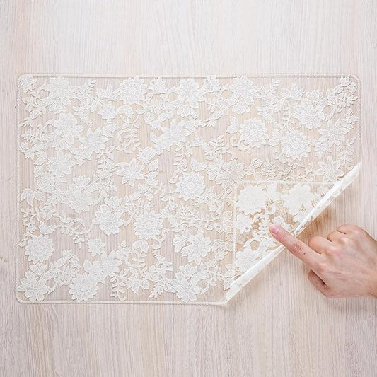 Clear Placemats Set of 6 Rectangle - PVC Place Mats with Beige Flower Carft Table Protector for Kitchen Dining Room, Wahsable Heat Resistant Non-Slip Reversible Table Mats