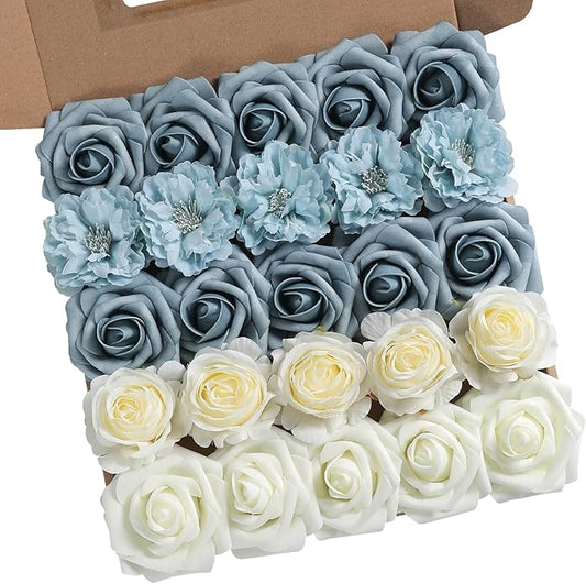 Artificial Flowers Combo Box Set Gradient Color Flower Leaf with Stems for DIY Wedding Bouquets Centerpieces Baby Shower Party Home Decor (Blue & White)