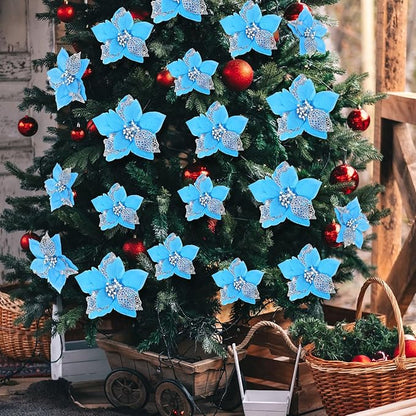 WILLBOND 36 Pieces Christmas Poinsettia Glitter Faux Flowers Christmas Artificial Flowers Tree Ornaments Topper Xmas Decorations(Lake Blue)