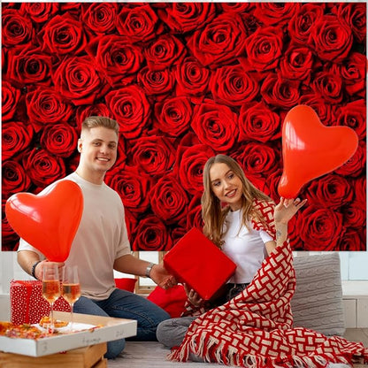 Avezano Valentine's Day Backdrop Rose Flower Wall Photo Background Red Rose Wedding Bridal Shower Photography Backdrop Mother's Day Birthday Party Dessert Table Banner (8x6ft)