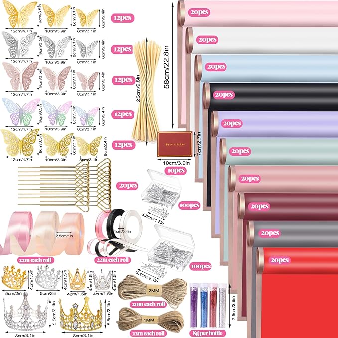 528Pcs Flower Wrapping Paper Kit 200 Sheets Waterproof Floral Wrapping Paper with 3D Butterfly Decor Crowns Bouquet Pins Ribbons, DIY Crafts for Mother's Day Valentines Graduation Birthday Gift