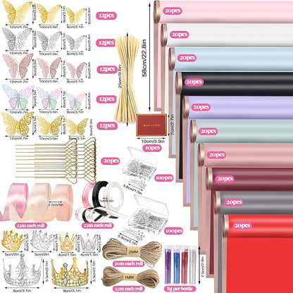 528Pcs Flower Wrapping Paper Kit 200 Sheets Waterproof Floral Wrapping Paper with 3D Butterfly Decor Crowns Bouquet Pins Ribbons, DIY Crafts for Mother's Day Valentines Graduation Birthday Gift