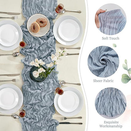 12 Pack Dusty Blue Cheesecloth Table Runner 10FT Long Boho Gauze Table Runner Rustic Sheer Runner for Wedding Bridal Baby Shower Birthday Party Table Decor Thanksgiving Christmas Decorations