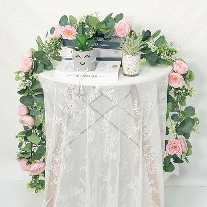 TOCHGREEN 2 Pack 13Ft Artificial Eucalyptus Flower Garland with Pink Roses, Fake Rose Flower Greenery Garland Floral Vines for Wedding Home Party Table Runner Decor (4PCS, Pink)