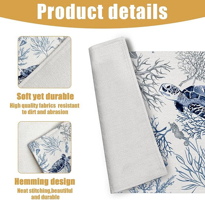 Watercolor Turtle Placemats Set of 6, Nautical Coastal Coral Shell Linen Place Mat Washable Stain Resistant Table Mats for Farmhouse Kitchen Decor 12x18 Inch