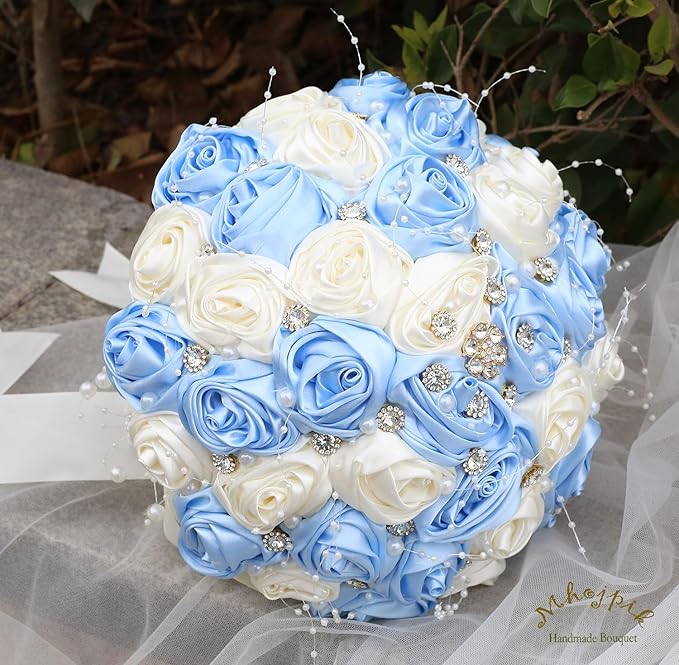 Bridal Wedding Bouquet Round Bling Brooch Bouquet Throw Toss Artificial Rose Flower Bunch for Bride Bridesmaid Wedding Quinceanera(Light Blue & Ivory, 7.5")
