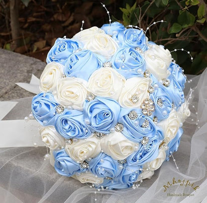 Bridal Wedding Bouquet Round Bling Brooch Bouquet Throw Toss Artificial Rose Flower Bunch for Bride Bridesmaid Wedding Quinceanera(Light Blue & Ivory, 7.5")