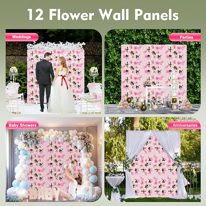 12pcs Flower Wall Panels 15.7" x 23.6" Floral Wall Artificial Flower Backdrop for Wedding Party Photo Backgrounds Light Pink