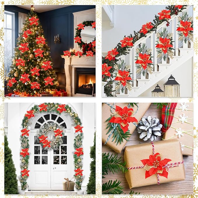 24 Pcs Christmas Poinsettia Flowers Artificial with Clips, 5.9" Christmas Decor Glitter Poinsettia Flowers for Christmas Tree New Year Wedding Party Wreath DIY Garland Decor (Red)