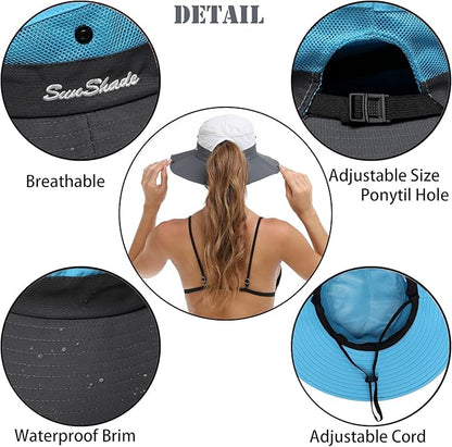 Womens Summer Sun Hat Beach Hat Wide Brim Outdoor UV Protection Hat Foldable Cool Mesh Ponytail Bucket Hat