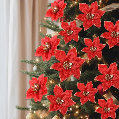 WILLBOND 24 Pcs 3 Size Poinsettia Flower Artificial Christmas Decor Glitter Poinsettia Christmas Ornaments Faux Flowers for Xmas Tree Outdoor(4/6/7.9 Inches,Red)