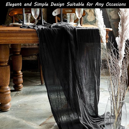 12 Pack 10Ft Cheesecloth Table Runner 35x120 Inch Boho Gauze Table Runner Rustic Cheese Cloth Long Romantic Table Runners for Wedding Bridal Shower Birthday Party Table Decor (Black)