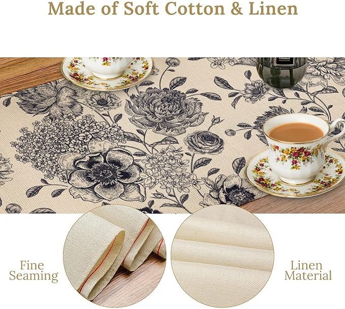 Black White Flower Table Runner,Vintage Wildflower Decor Table Runner for Home Kitchen Table Dining Indoor Outdoor Party Decor 13x120 Inch