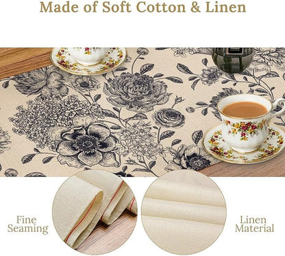 Black White Flower Table Runner,Vintage Wildflower Decor Table Runner for Home Kitchen Table Dining Indoor Outdoor Party Decor 13x60 Inch