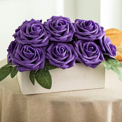 Purple Artificial Flower Purple Silk Rose 25pcs Real Looking Fake Rose with Stems Leaves for Home Decoration Party Garden Centerpieces DIY Wedding Bouquets（Deep Purple）