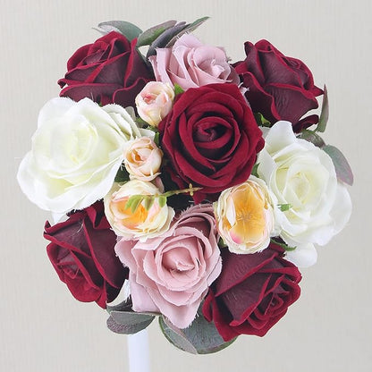 Rinlong 7" Wedding Bouquet for Bride Bridal Bridesmaid Vintage Artificial Flowers Burgundy Silk Bouquet Wedding
