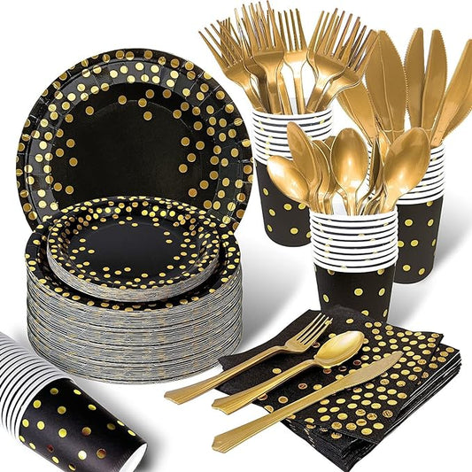 AIRE 175PCS Black Gold Paper Plates Party Supplies Dinnerware Sets for 25 Guests, Disposable Paper Party Plates, Dessert Plates, Cups, Napkins, Plastic Spoons, Forks, Knives for Wedding, Birthday