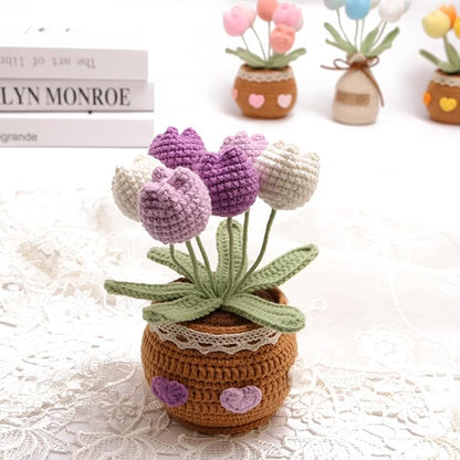 Crochet Simulation Tulip Potted Plants, Simulation Crochet with Long Flowers, Hand Crochet Lovely Woven Potted Plants, Home Office Desk Ornaments, Shop Decorative Flowers (6 Flowers-Purple)