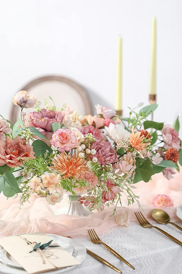 YYHUAWU Artificial Flowers Combo Set Fake Flower Leaf Box with Stems for DIY Wedding Bouquets Centerpieces Flower Arrangements Decorations Baby Shower Party Home Decorations Orange Pink