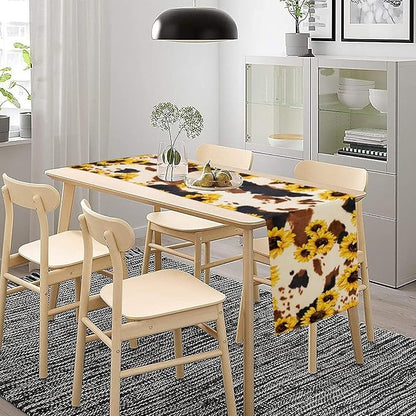 Cow Skin Print Table Runner, Vintage Sunflower Cottage Country Farm Animal Fur Skin Western Style Brown Cowhide Print Dinner Runner for Home Kitchen Dining Table 13x108in