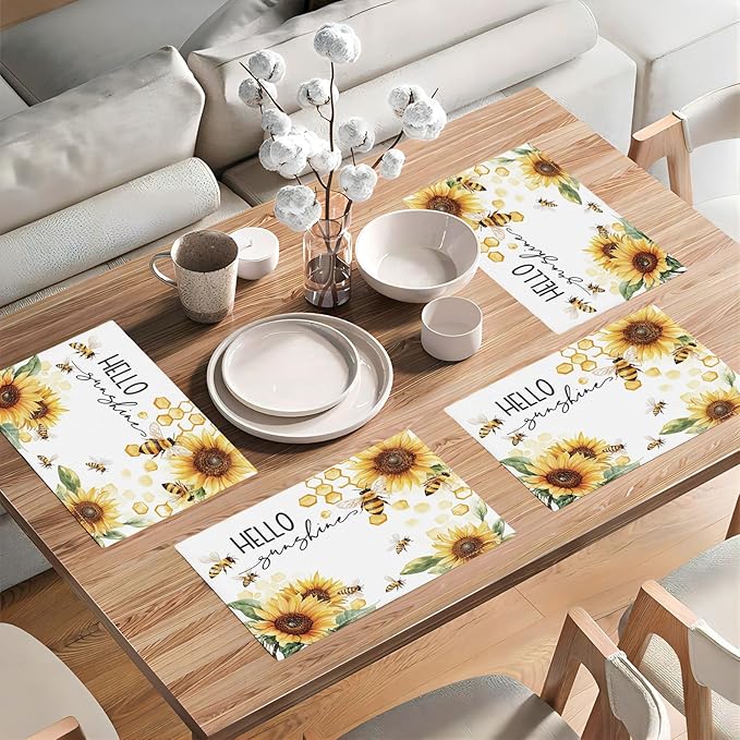 Farmhouse Sunflower Placemats Set of 4, Hello Sunshine Place Mats, Rustic Bee Dining Table Mats, Washable Placemats for Kitchen Dining Room Home Decor 18L'' × 12W''