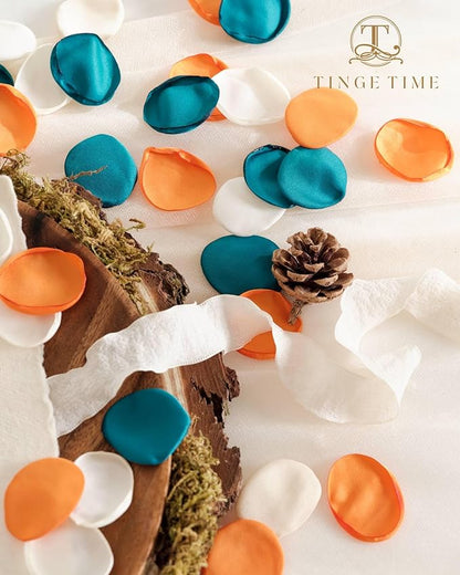 TINGE TIME 400pcs Silk Flower Petals for Wedding, Rose Petals for Decoration, Fake Flower Petals for Bridal Showers, Flower Girl Petals for Anniversaries and Parties (Burnt Orange & Peacock Green)