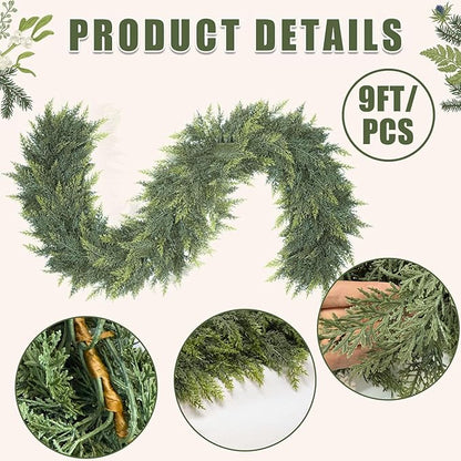9 Ft Christmas Cedar Garland, Realistic Faux Pine Garlands, Green Artificial Greenery Garland for Winter Home, Mantle, Fireplace, Indoor, Outdoor Christmas Decorations (1Pcs)