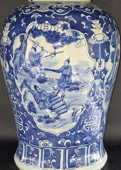 19" Antique Like Finish Blue and White Ginger Jars Porcelain Temple Ceramic Ginger Jar Vase, Antient Warriors China Ming Style, Jingdezhen(L4)
