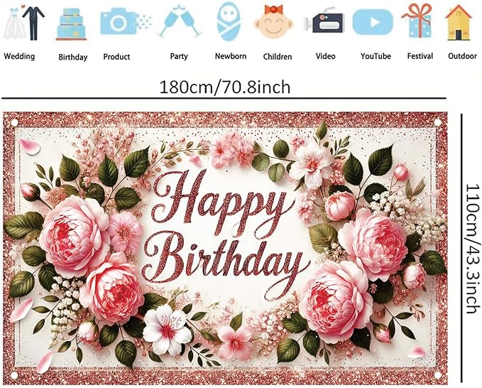 Happy Birthday Backdrop Rose Gold Glitter Peony Floral Banner Birthday Party Decorations Photography Background for Women Girls Wedding Baby Shower Decor Photo Booth Supplies 6x4ft