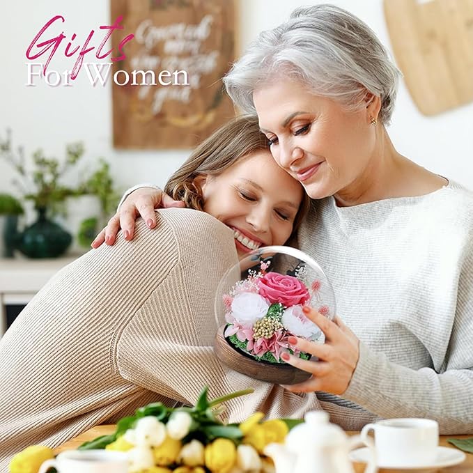 FIACO Valentines Gifts for Her Preserved Flowers in Glass Dome Long-Lasting Eternal Roses Birthday Gifts for Women Mom Grandma Wife Girlfriend Pink Forever Flowers for Delivery Prime