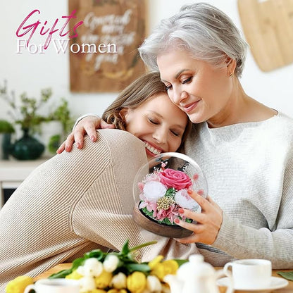 FIACO Valentines Gifts for Her Preserved Flowers in Glass Dome Long-Lasting Eternal Roses Birthday Gifts for Women Mom Grandma Wife Girlfriend Pink Forever Flowers for Delivery Prime