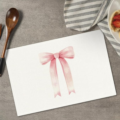 Pink Bow Placemats Set of 4, Table Mat for Home Kitchen, Restaurants, Outdoor Linen Washable Place Mats 12x18 inch Party Event Dining Decoration-05
