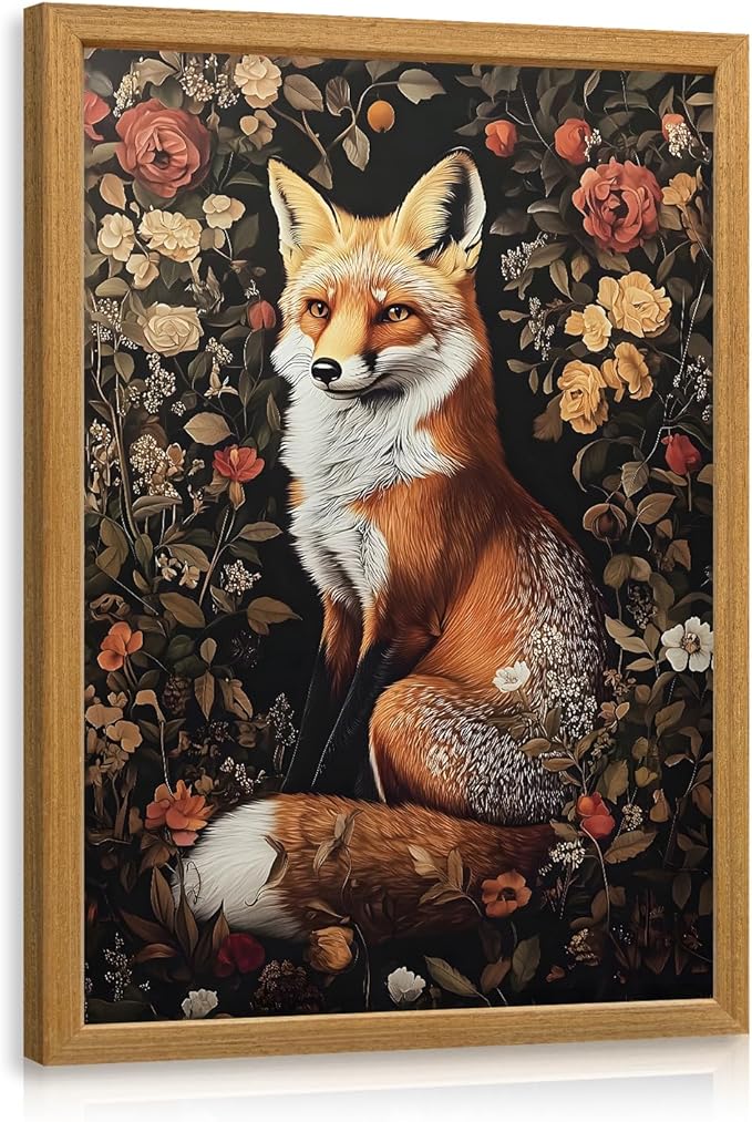 LLEEMPI William Morris Wall Art, Vintage Botanical Floral Wall Decor, Fox Flower Canvas Painting, Abstract Nature Botanical Aesthetic Picture for Living Room Bedroom Hallway Wood Framed 16x24 inch
