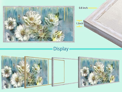 Ardemy Teal Canvas Wall Art Large Framed Magnolia White Floral Pictures Wall Decor Textured Painting Flowers Turquoise Artwork for Living Room Bedroom Dining Room Home Office, 48"x24"