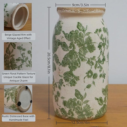Vintage Green Floral Ceramic Vase, 8 Inch Crackle Glaze Rustic Handmade Vase, Decorative Pottery for Fresh or Dried Flowers, Farmhouse Cottage Modern Rustic Decor