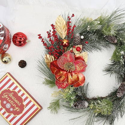 Briful 2PCS Christmas Glitter Magnolia Flowers Picks and Spray with Christmas Balls Ornament Red Berries Gold Leaves Branches for Xmas Tree Wreath Vase Floral Arrangement (Red Gold)