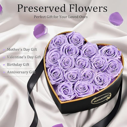 16 Preserved Roses in Heart Shape Gift Box for Her - Forever Flowers for Delivery, Eternal Rose Mothers Gifts for Mom, Wife Anniversary Birthday Gifts for Women, Purple