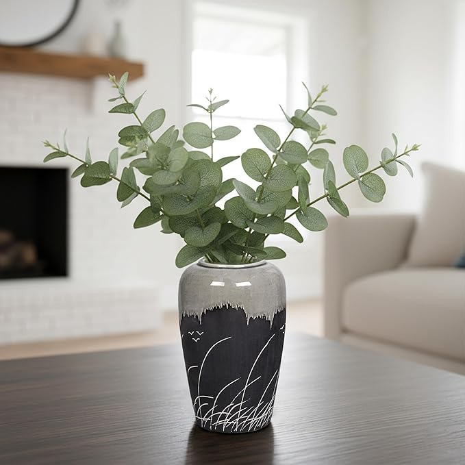 Black and Gray Vase, 8 Inch Grey Ceramic Vase with Crackle Finish, Minimalist Decorative Vases for Modern Home Decor, Office Desk, Living Room Table Centerpiece