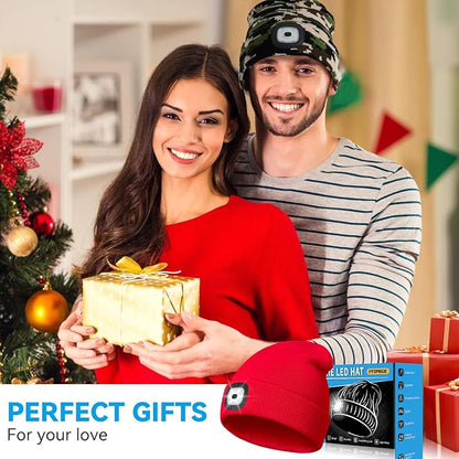 Christmas Stocking Stuffers for Men Adults, Beanie Hats with Light, USB Rechargeable LED Hand Free Headlamp, Birthday Gifts for Men, Women, and Teens, Ideal for Camping, Hiking, Red