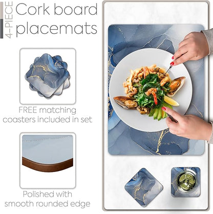 Set of 4 Heat Resistant Cork Placemats for Dining Table with Free Set of 4 Matching Drink Coasters Marble Design 16 x 12 Inches Cork Backed Hard Placemats (Blue & Gold)
